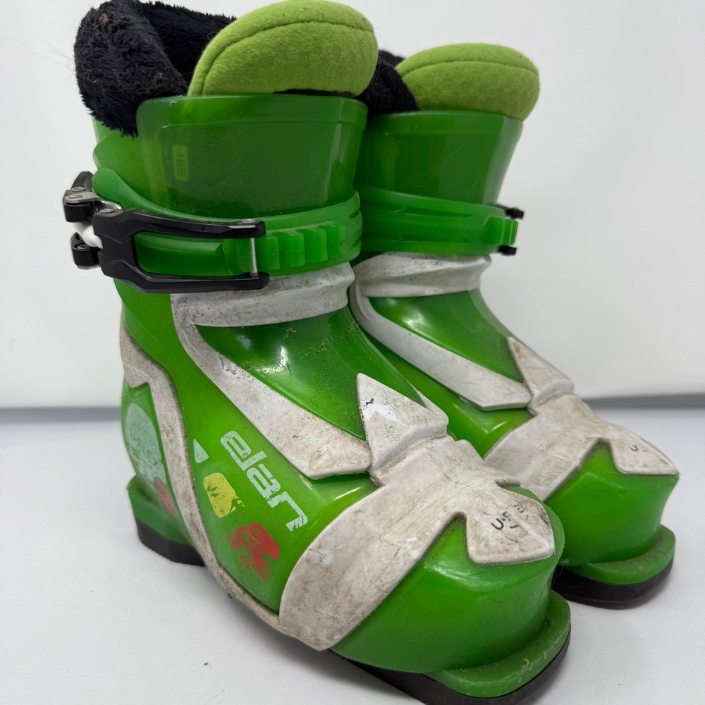 Elan U-Flex Kids Ski Boots Green White Size 18.5 US 11 Single Buckle Alpine